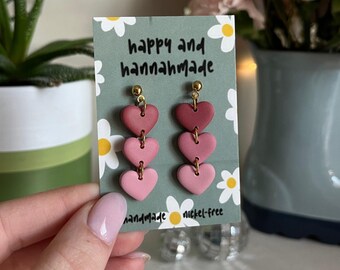 Ombre Pink Heart Dangles / Polymer Clay Pink Heart Earrings / Soft Girl Aesthetic Pink Jewelry / Handmade Polymer Clay Dangles Earrings