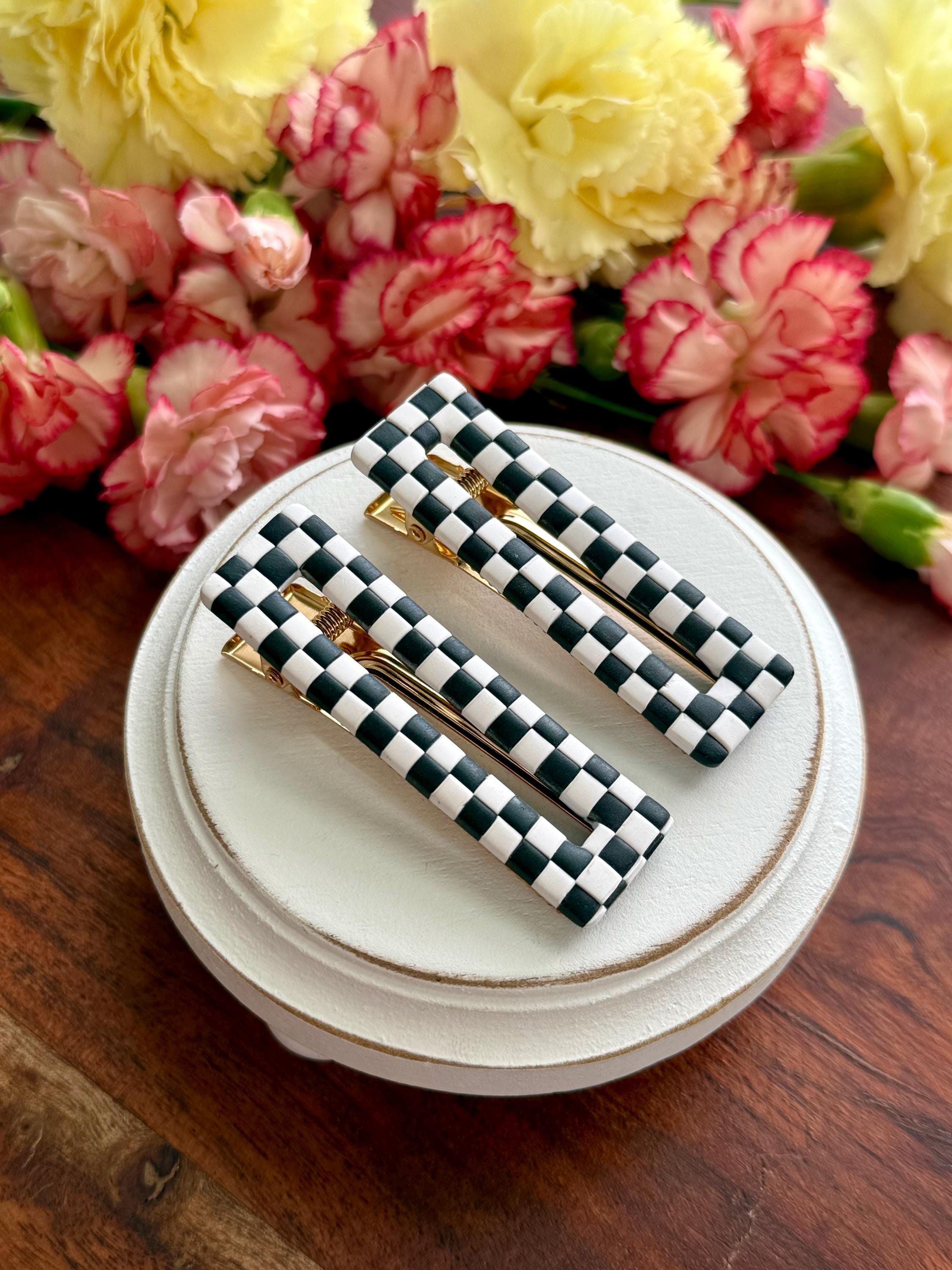 Checker Print Hair Clip / Black and White Checkerboard Pattern Handmade Polymer Clay Hair Accessory / Gifts For Her / Trendy Checkered Clips