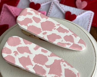 Strawberry Cow Hair Clip / Polymer Clay Hair Clip / Handmade / Gifts for Her / Pink Cow Print Hair Accessories / Alligator Hair Clip