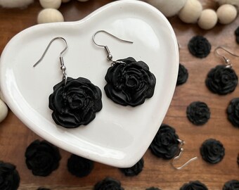 Black Rose Clay Dangle Earrings / Polymer Clay / Black / Rose Flower / Bold Earrings / Dangle Earrings / Black Rose Jewelry / French Hooks