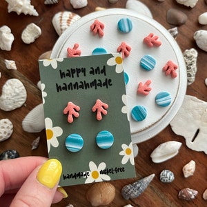 Ocean Stud Pack Earrings / Coral Stud Earrings / Blue Marble Stud Earrings / Summer/ Mermaid / Beach Earrings / Gifts for Her / Cute Studs
