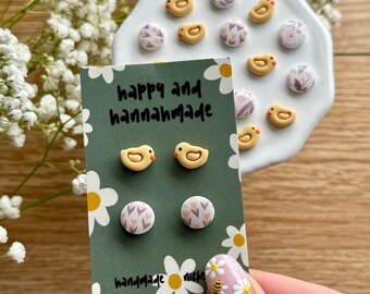 Chick Stud Pack Earrings / Yellow Chicken Studs / Floral Circle Studs / Easter / Cottagecore / Gifts for Her / Spring Stud Easter Earrings