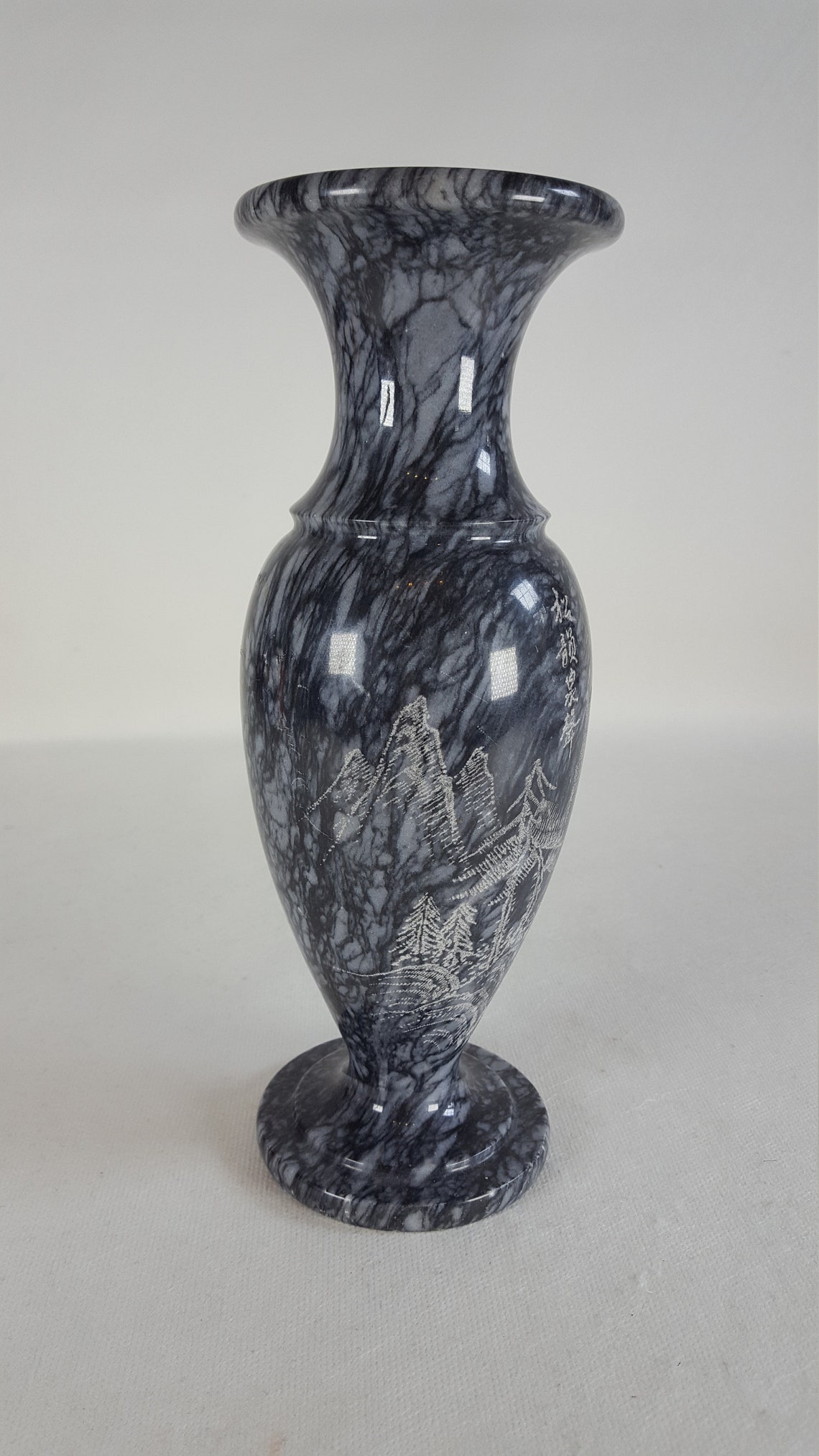 Vintage Grey Black Marble Etched Chinese Vase Urn Mountain Etsy