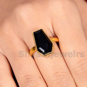 Black Onyx Ring, 10X17MM Coffin Ring, Black Onyx Coffin Ring, Coffin Shape Gemstone Ring, 925 Silver Gold Plated Ring For Her, Wedding Ring