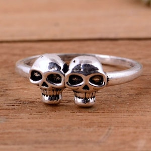 2 Skull Ring, handmade solid medieval 925 unique unisex men women punk gothic goth biker mens oxidized jewelry gift her him