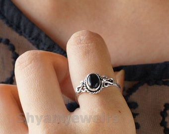 Schwarzer Turmalinring natürlicher Kristallring Massiver 925er Silberring für Frau Boho Ring Naturring Geschenk für sie