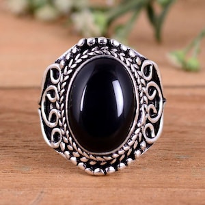Anel de ônix preto, anel oxidado de prata esterlina 925, anel de pedra preciosa de ônix oval 10X14MM, anel feito à mão, anel unissex, presente para ela e ele
