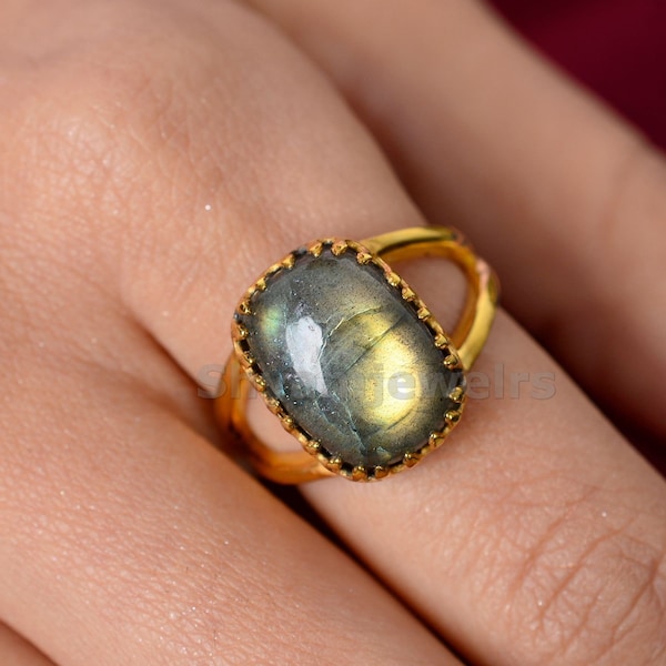 Rainbow Labradorite Ring, Labradorite Gemstone Ring, 10X14MM Cushion Labradorite Rings, 925 Silver Ring, Gold Filled Ring, Gift For Her