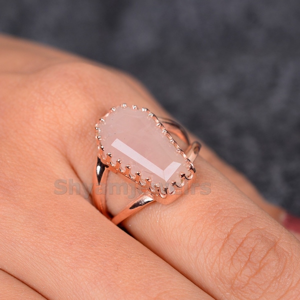 Bague de cercueil en quartz rose naturel, bagues de cercueil serties de lunette, bague en pierre naturelle en argent 925, bague de pierres