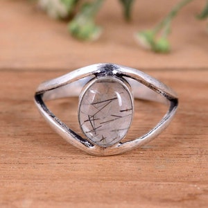 Black Rutile Quartz Rings, Rutilated Quartz Ring, Oval Black Rutile Ring, 925 Sterling Silver Ring For Women, Natural Gemstone Rings