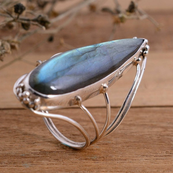 Anello Boho Labradorite, anello di pietre preziose labradorite blu, grande anello di pietra, anello grande in argento sterling 925,