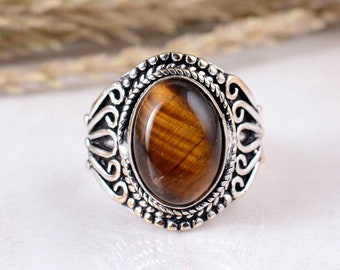 STUNNING Tiger Eye Rings, Handmade Tiger Eyes Gemstone ring, 925 Sterling Silver Vintage style Tiger ring, Boho Ring, Unisex Stones Rings