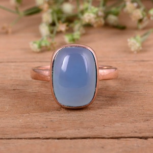 Handmade Blue Chalcedony Brass Ring - Natural Gemstone Boho Jewelry - Rectangle Cushion Ring