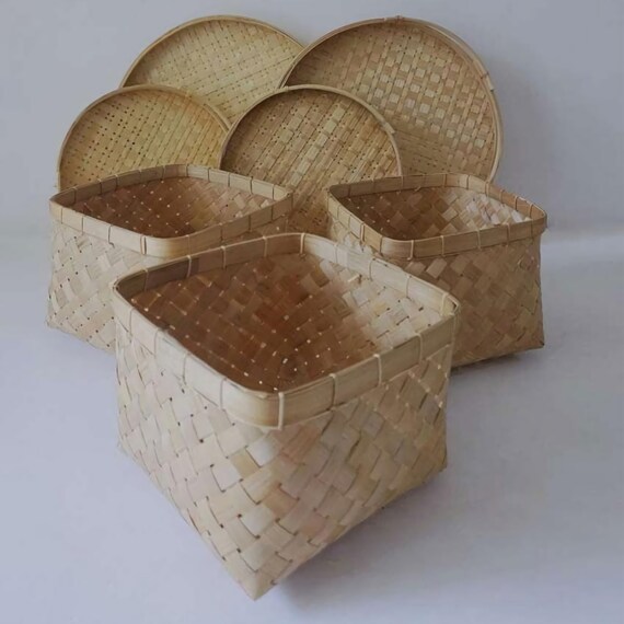 Vintage Bamboo Square Woven Baskets Etsy