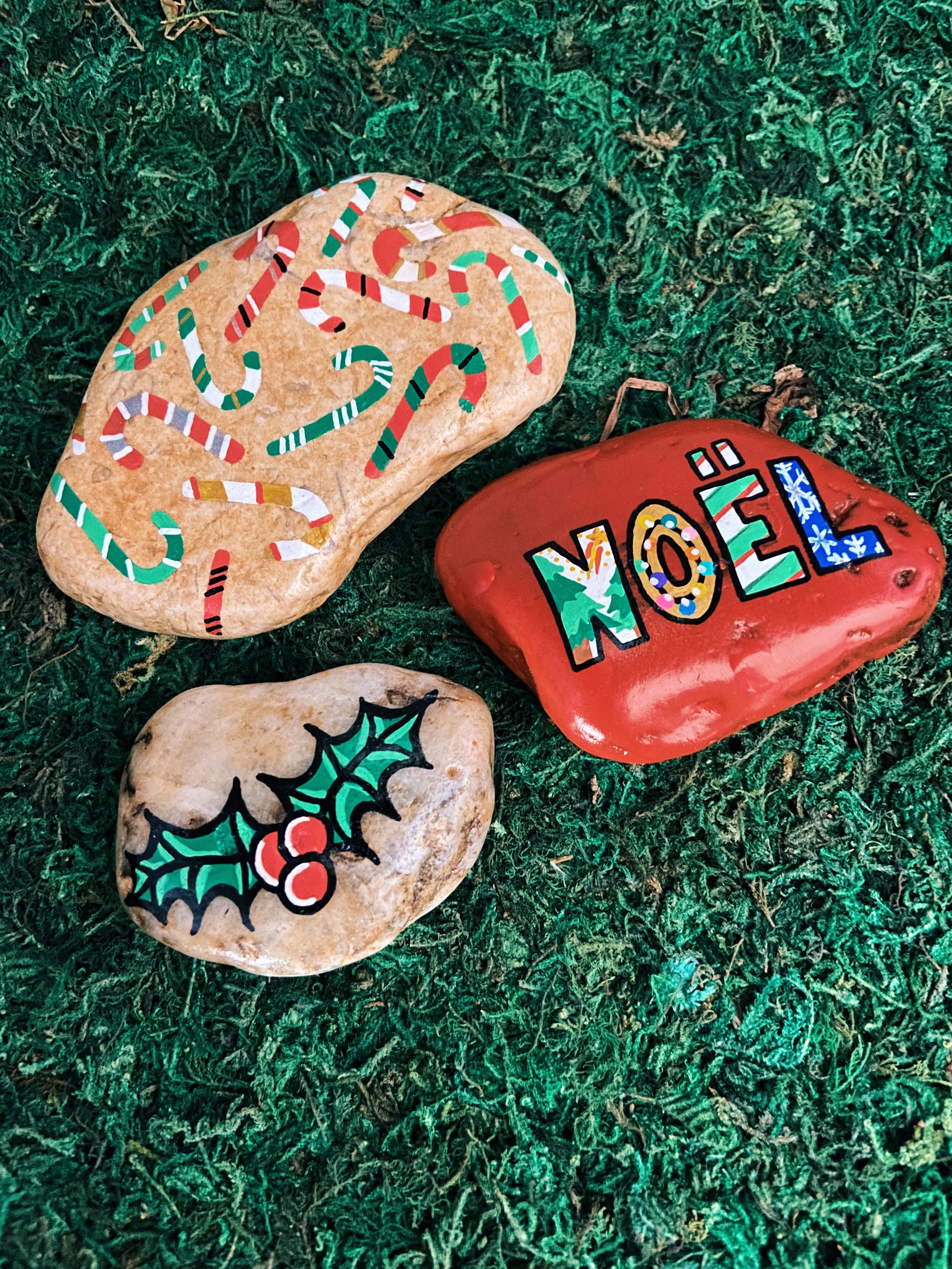 Lot de 3 Galets Décoratifs Peints à La Main, sur Le Thème Noël