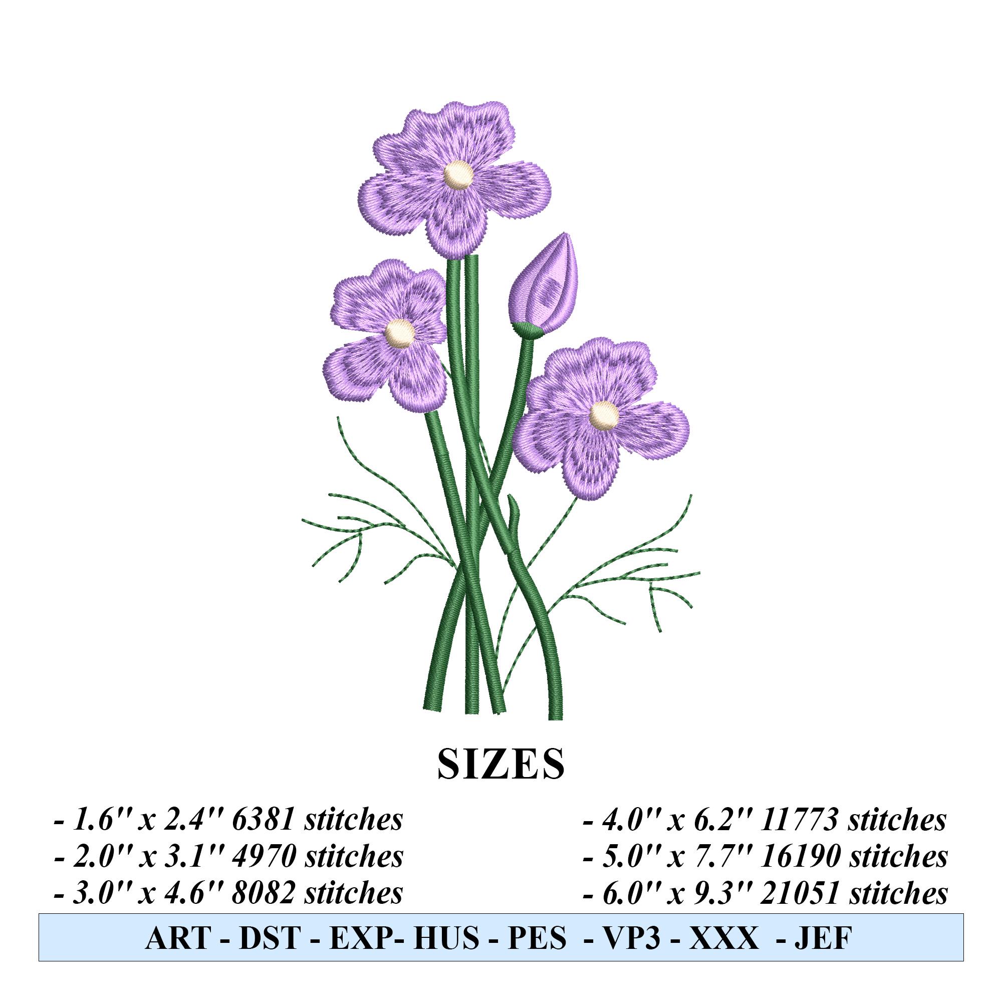 Purple Flower Embroidery Design, Floral Stem Machine Embroidery File ...