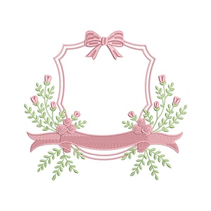 May include: A pink embroidered design featuring a decorative frame with a bow at the top. The frame is adorned with pink roses, green leaves, and a flowing ribbon. The design is suitable for embroidery projects.