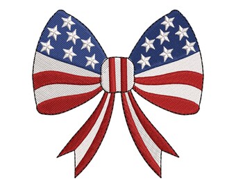 May include: A red, white, and blue bow with a star pattern. The bow is made of fabric and is tied in a knot. It is a patriotic design.
