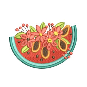 May include: A red watermelon slice with a green rind, decorated with pink and orange flowers and green leaves.