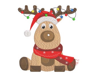 Christmas Reindeer Embroidery Design, Cute Reindeer with Christmas Light Embroidery File, Holiday Embroidery File, Digital Download