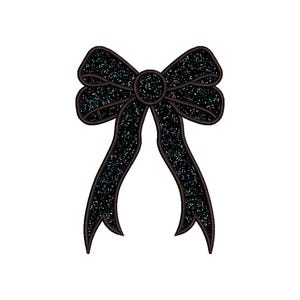 May include: A black bow with a sparkly texture. The bow is tied with two long tails.