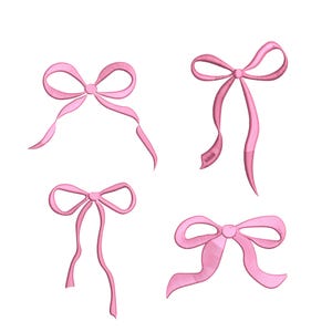 Pode incluir: Quatro laços de cetim rosa de diferentes formas e tamanhos. Os laços estão isolados em um fundo branco.
