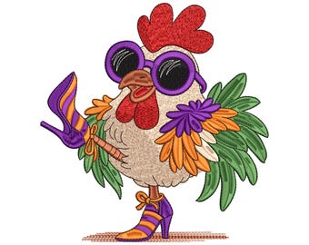 Funny Chicken Embroidery Design – Cool Hen with Sunglasses and High Heels Machine Embroidery File for Towels, Shirts, and Farmhouse Decor