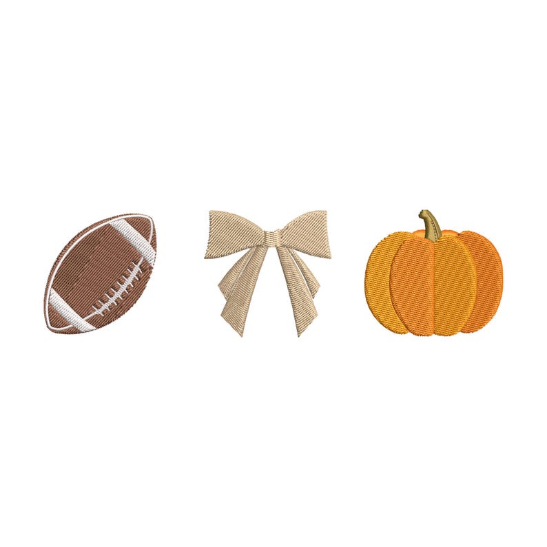 May include: A brown football, a beige bow, and an orange pumpkin. These are three fall-themed items.