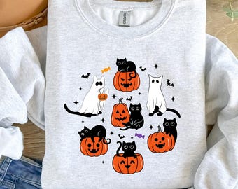 かわいいハロウィンゴーストブー猫Png、ハロウィン猫PNG、ハロウィンシャツPNG、ハロウィンパンプキン猫Png、秋の昇華デザインシャツ