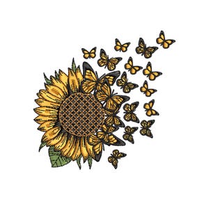 Sonnenblume Stickdatei, Sonnenblume mit Schmetterling Maschinenstickdatei, Floral Botanischer Garten