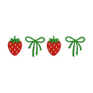 May include: Three embroidered images of strawberries and bows. The strawberries are red with green leaves and seeds. The bows are green.