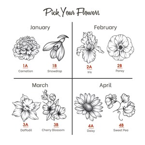May include: A black and white illustration of different types of flowers, organized by month. The flowers include carnation, snowdrop, iris, pansy, daffodil, cherry blossom, daisy, and sweet pea.