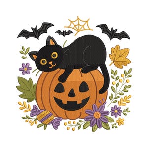 Halloween Cat Embroidery Design – Black Cat on Pumpkin with Bats, Spider Web & Fall Flowers Digital File