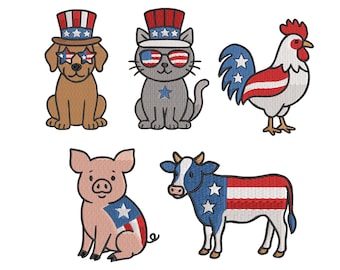 Patriotic Farm Animal Embroidery Bundle – 4th of July Dog, Cat, Chicken, Cow, Pig – Machine Embroidery Designs – Digital Download