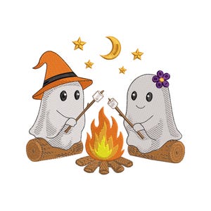 Motif de broderie de feu de camp fantôme d'Halloween, fantômes mignons faisant griller des guimauves sous les étoiles, fichier de broderie Machine automne effrayant