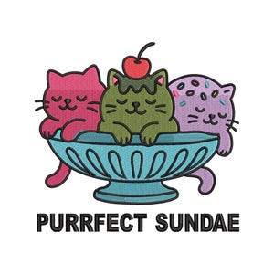 Puede incluir: Un diseño bordado con tres gatos de dibujos animados en un cuenco de helado azul. Los gatos son rosas, verdes y morados, con los ojos cerrados. Una cereza corona al gato verde. El texto "PURRFECT SUNDAE" está debajo.
