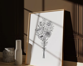 May include: A black and white line drawing of a bouquet of flowers in a simple frame. The flowers are arranged in a loose, natural style and include roses, daisies, and other blooms.