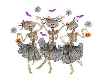 Plik do haftu tańczącego szkieletu na Halloween, projekt haftu na Halloween, zabawny plik do haftu szkieletu, pobieranie cyfrowe