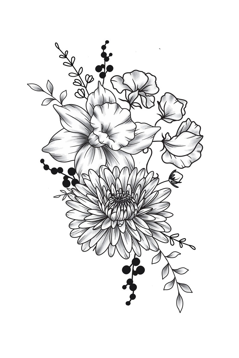May include: Black and white line drawing of a floral bouquet with a large white flower, a smaller white flower, and a cluster of small flowers. The bouquet is arranged in a vertical composition.