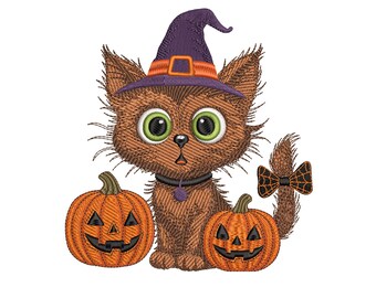 Halloween Cat Embroidery Design – Cute Kitten with Pumpkins Machine Embroidery File for Fall Decor and Seasonal Projects