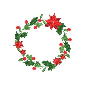 Christmas Wreath Embroidery Design, Christmas Holly Embroidery File, Digital Download