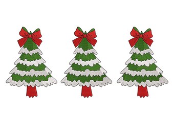 May include: Three green Christmas trees with white trim and red bows. The trees are decorated with a red bow at the top.