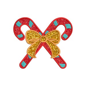 May include: Two red and white candy canes with blue stripes are crossed over each other and tied together with a gold bow.