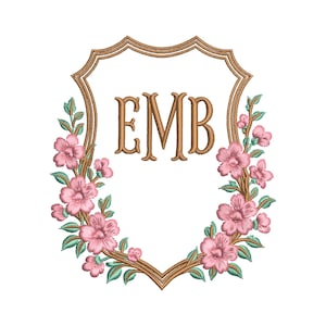 Floral Crest Frame Embroidery Design, Vintage Monogram Border with Pink Flowers, Machine Embroidery File, Digital Download