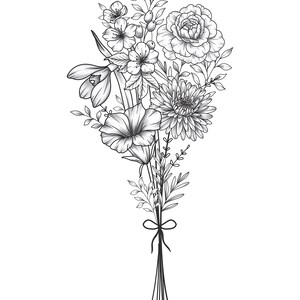 May include: A black and white line drawing of a bouquet of flowers, including a poppy, carnation, chrysanthemum, and other flowers. The stems are tied together with a ribbon.