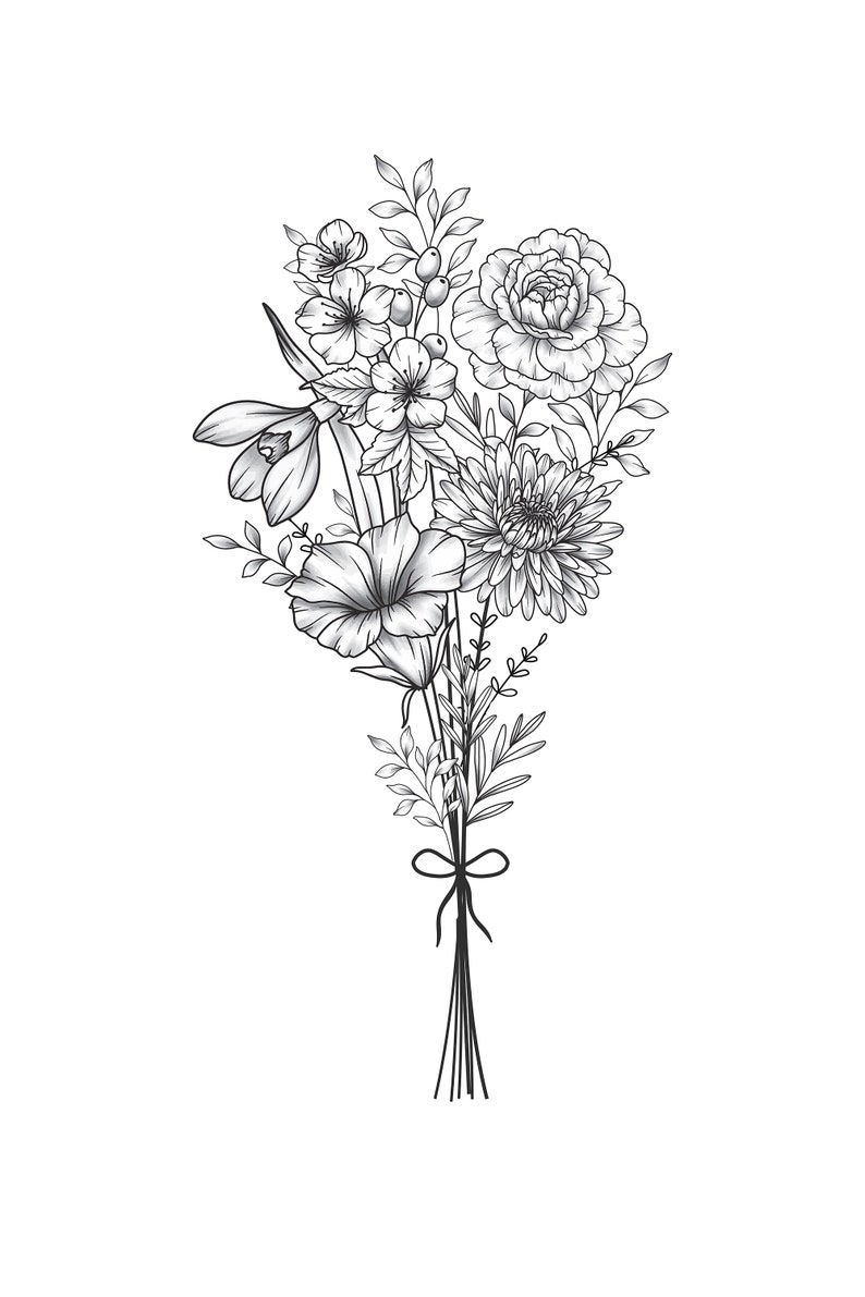 May include: A black and white line drawing of a bouquet of flowers, including a poppy, carnation, chrysanthemum, and other flowers. The stems are tied together with a ribbon.
