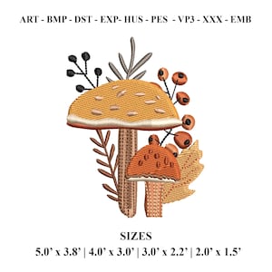 Mushroom Embroidery File, Fall Embroidery Design, Machine Embroidery File, autumn with mushroom, colorful leaves, berries