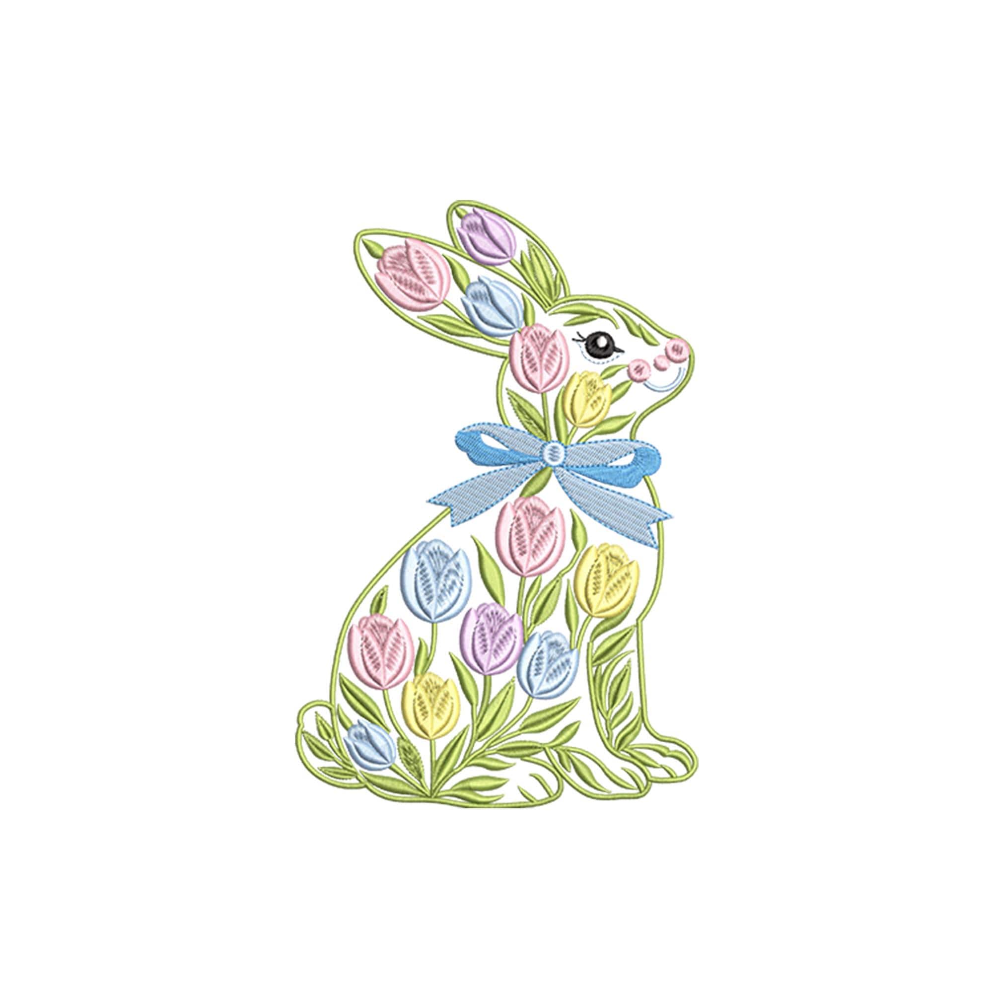 Floral Bunny Embroidery Design, Tulip Rabbit With Bow, Spring Easter ...