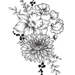 May include: Black and white line drawing of a floral bouquet with a large white flower, a smaller white flower, and a cluster of small flowers. The bouquet is arranged in a vertical composition.