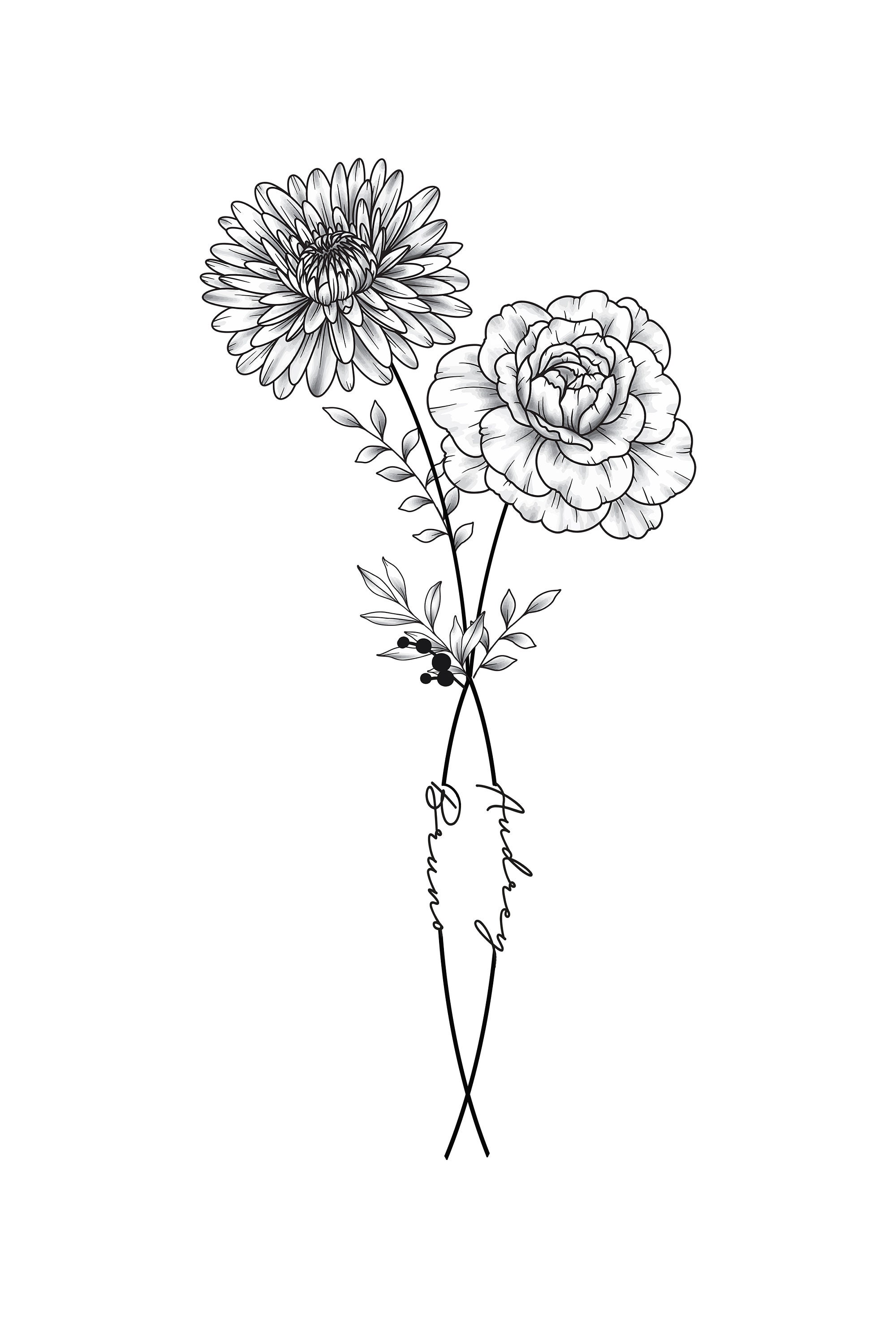 Custom Birth Flower Tattoo, Two Name Custom Birth Flower